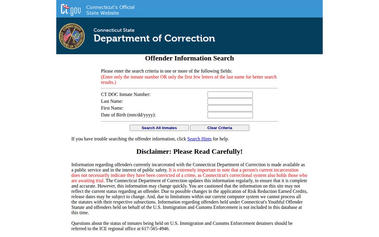 Hartford County released inmate CT DOC search form