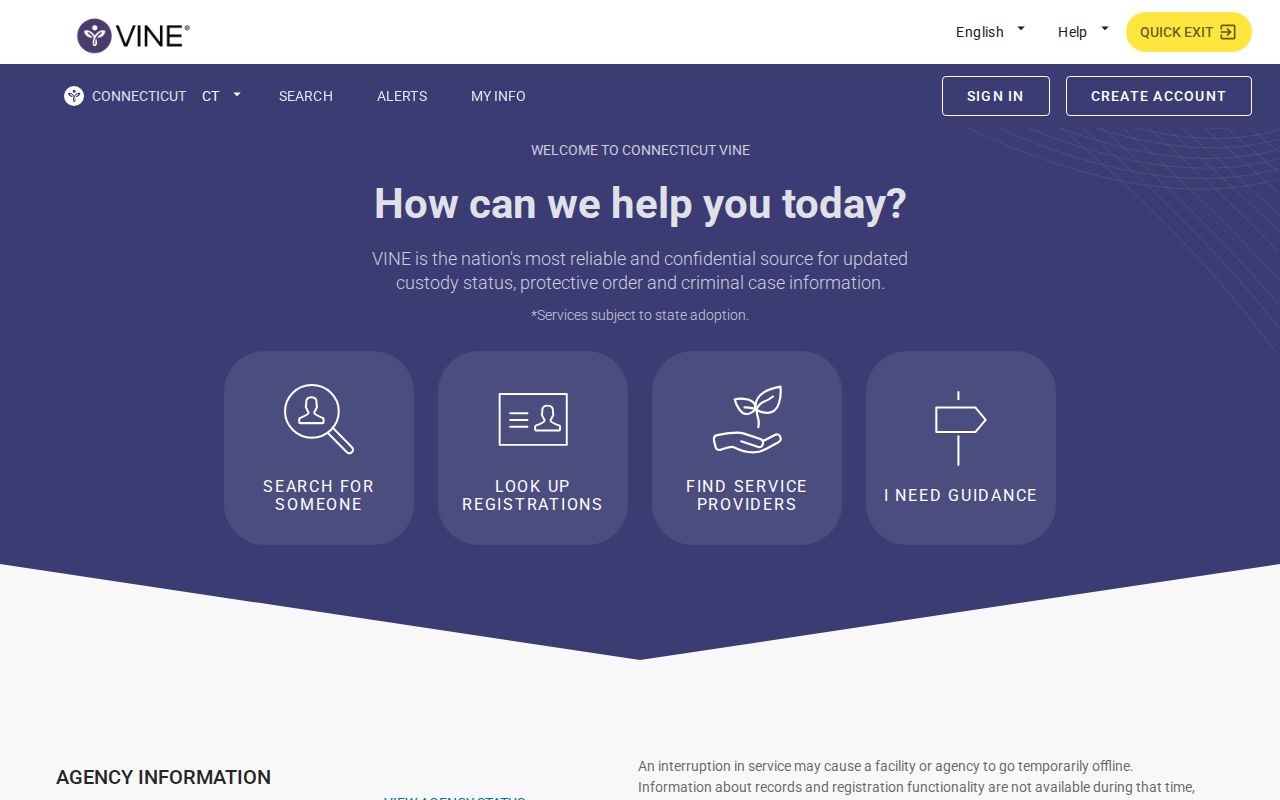 Connecticut VINE landing page for Hartford County release alerts