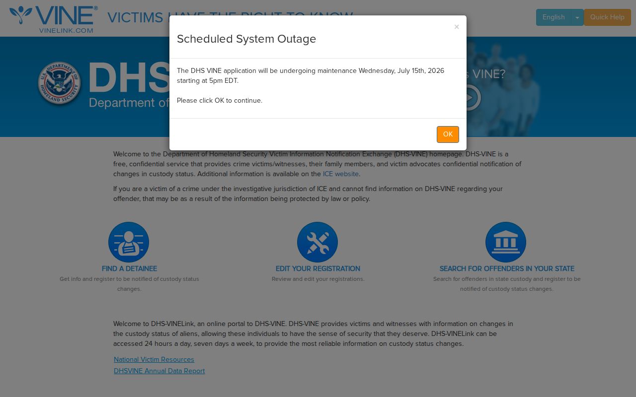 DHS VINE immigration custody alerts for Hartford County cases